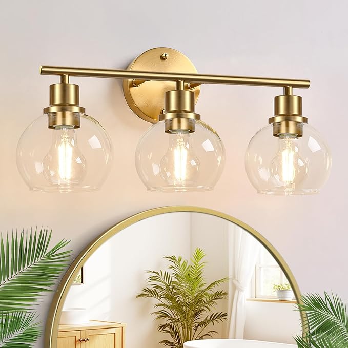 Indoi 3-Light Bathroom Light Fixtures, Brushed Gold Modern Vanity Lights Over Mirror with Clear Glass Globe Shade, Bathroom Wall Sconces for Mirror Kitchen Living Room Hallway Cabinet Bedroom Porch