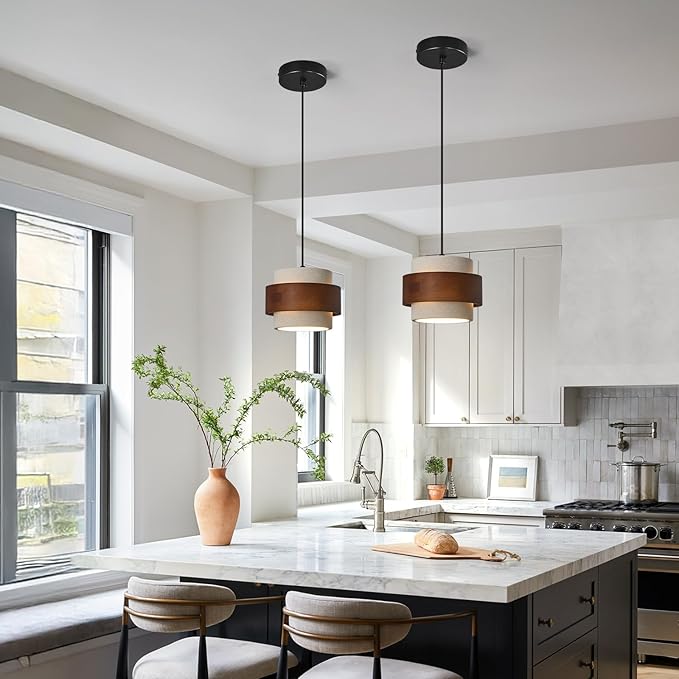 Modern Cement Pendant Light Fixture,Concrete Pendant Lights with Wood Accent,Vintage Farmhouse Chandelier for Kitchen Island Dining Room Living Room Bedroom Restaurant Cafe,(White 1-Pack)