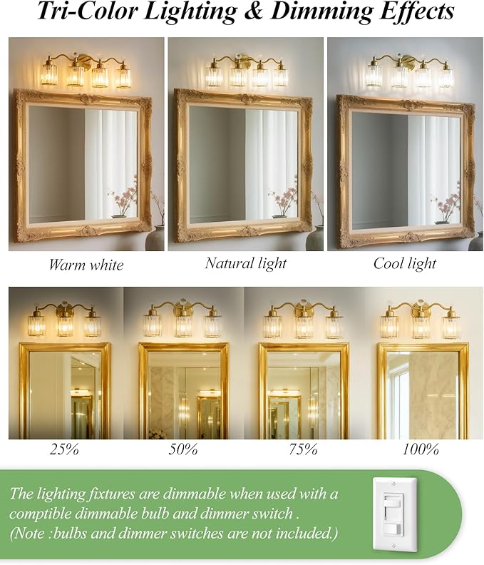Modern Crystal Bathroom Vanity Light, 4-Lights Bathroom Light Fixtures, Brass Gold Vanity Lighting Fixtures Over Mirror, Brushed Wall Sconce Light for Bedroom, Kitchen, Living Room, Gallery, E26 Base
