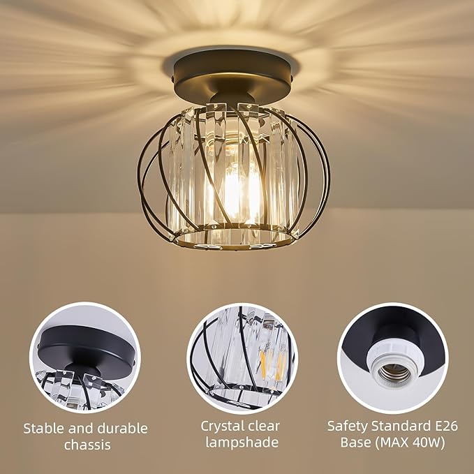 Semi Flush Mount Crystal Ceiling Light, Metal Cage Hallway Ceiling Lamps, Farmhouse Ceiling Light Fixture, Industrial Crystal Chandelier for Corridor Bathroom Kitchen (1, Black, 7.5 Inch)