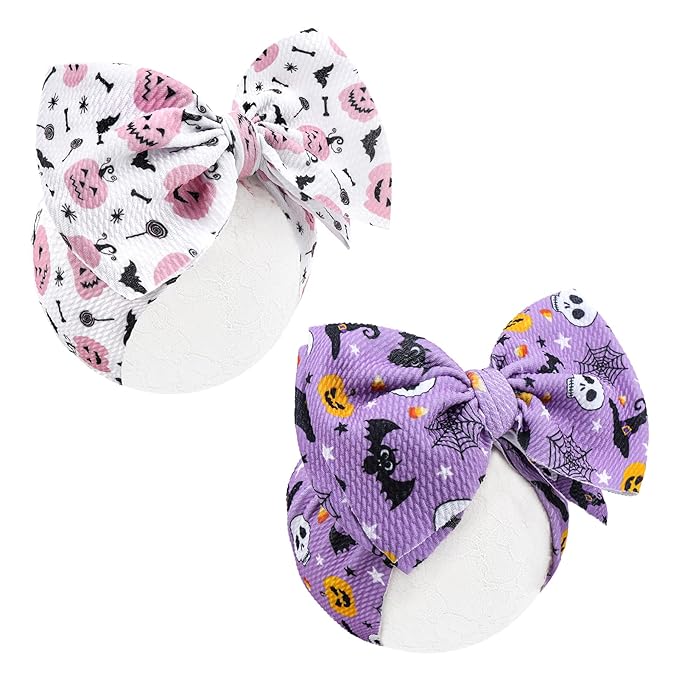 Halloween Baby Girl Bows 7 Inchs Baby Girl Bows Toddler Nylon Headbands Newborn Headband Bows Hair Accessories 2 PCS, 1-Purple,Pink