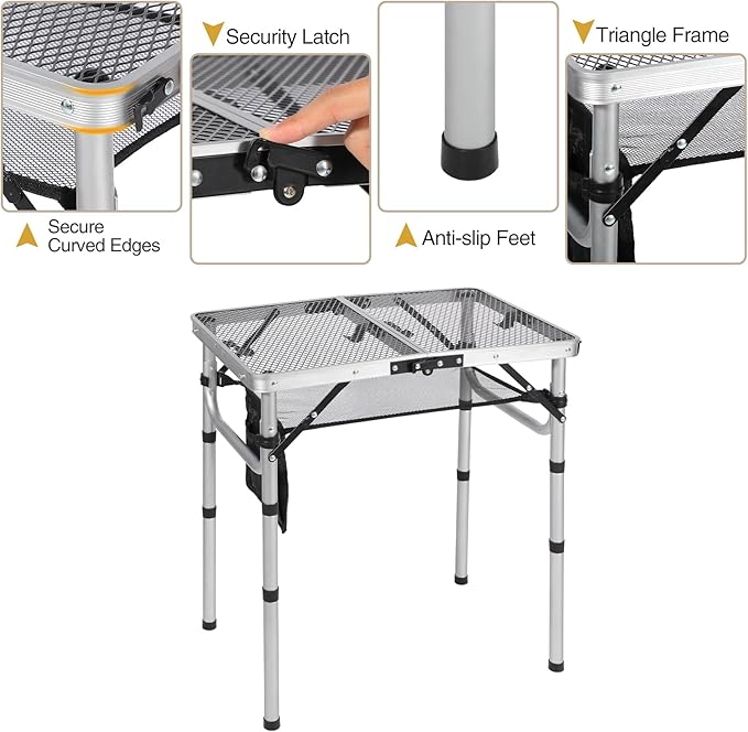 REDCAMP Small Folding Grill Table for Outside, 2Ft Lightweight 4 Height Adjustable Portable Metal Table with Mesh Desktop, Outdoor Table for Camping Picnic Beach and BBQ, Silver