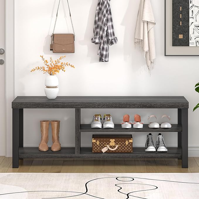 FOLUBAN Entryway Bench with Shoe Storage, Vintage End of Bed Bench, Rustic Wooden Entry Bench for Hallway Front Door Entrance, Industrial Indoor Bench for Bedroom Living Room, Dark Gray, 47 Inch