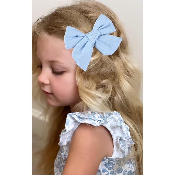 DEEKA 4 PCS Blue Cotton Linen Hair Bows 3 Styles 5" & 4" Handmade Hair Bow set for Toddler Girls Alligator Hair Clips Knot Bows Hair Accessories for Little School Girls (Blue)