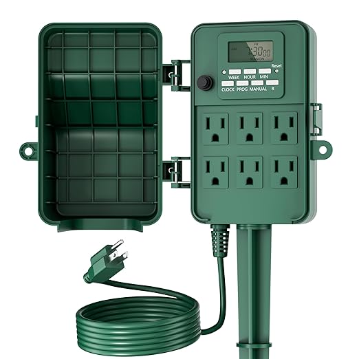 BN-LINK Outdoor Power Stake, 7-Day Programmable Digital Timer, 6 Outlets, 6FT Extension Cord, Waterproof Perfect for Christmas, Halloween, Garden Decorations, ETL Listed