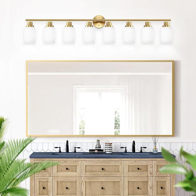 8-Light Vanity Lights, Brushed Gold Bathroom Light Fixture with Striped Textured Milky White Glass Shade, Modern Vanity Lighting Fixture for Bathroom Wall Light Over Mirror, E26 Wall Sconce