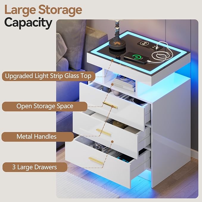 White Night Stand with Wireless Charging Station,Smart Bedside Table with 3 Drawers,Modern Glass Top End Table with 3 Color Dimmable,LED Nightstand for Bedroom