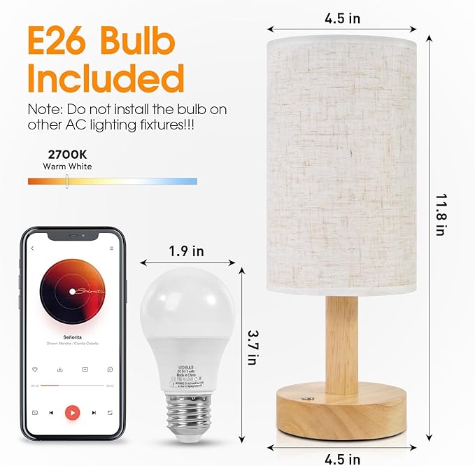 Rechargeable Cordless Table Lamp,Touch Control&Stepless Dimming,Wireless Bedside Ambient Night Light with Wood Base&Linen Shade,Portable Battery Lamp for Bedroom,Nightstand,Nursery,Camping,Outdoor