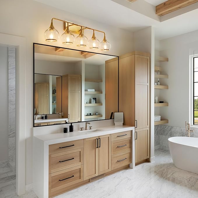 Gold Bathroom Vanity Light 5-Lights Bathroom Light Fixtures Over Mirror with Clear Glass Shade 39.2 inch Wall Sconce Lighting Bath(Exclude E26 Bulb)
