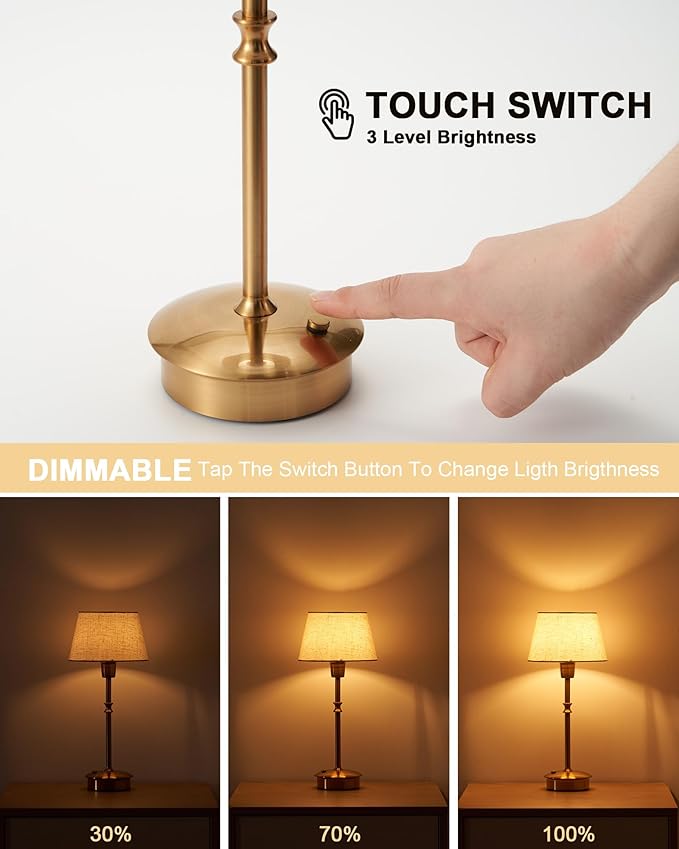 UMEXUS Small Cordless Lamp Rechargeable Table Lamps Set of 2, Dimmable Battery Operated Lights, Portable Accent Light for Side Table Restaurant Dining Outdoor, Beige Fabric Shade, Antique Brass