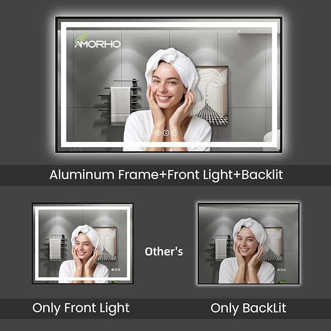 Amorho LED Bathroom Mirror Black Framed 72"X36", Front Light and Backlit, Stepless Dimmable, Anti-Fog, Shatter-Proof, Memory, 3 Colors, Double LED Vanity Mirror