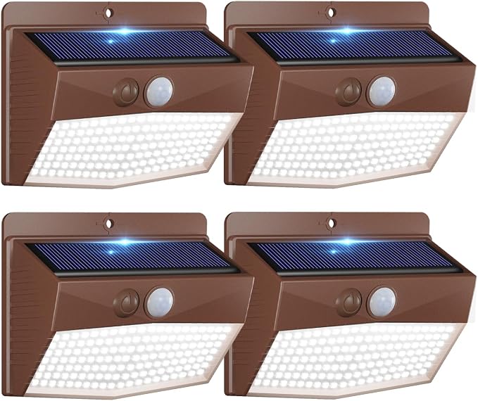 [4 Packs] Solar Outdoor Lights Motion Sensor Solar Security Lights Waterproof with 3 Lighting Modes Solar Powered Wall Lights Outside for Garden Fence Yard,Brown
