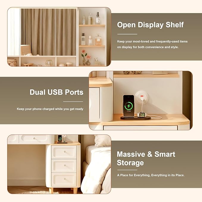 GOWE Vanity Desk with Mirror and Lights,Makeup Vanity with 2 USB Power Strip,Vanity Set with Two Drawers and Three-Drawer Chest, 3 Lighting Modes Adjustable Brightness, Foldable Three-Sided Mirror(W
