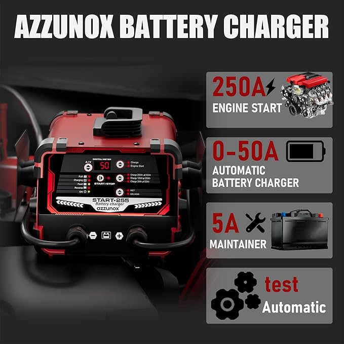 12V 24V Car Battery Charger & Engine Starter, 0-50A Automatic Battery Maintainer, 250 Cranking Amps, Jump Starter & Smart Trickle Charger