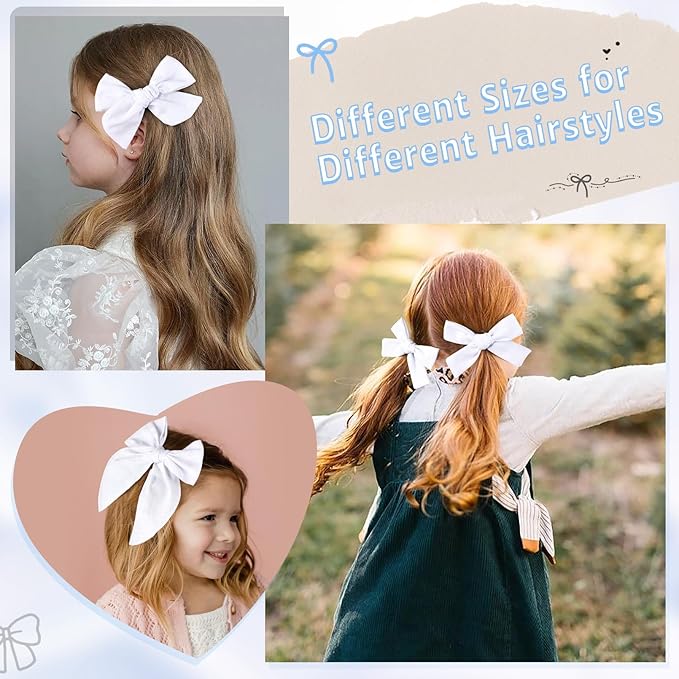 DEEKA 4 PCS White Cotton Linen Hair Bows 3 Styles 5" & 4" Handmade Hair Bow set for Toddler Girls Alligator Hair Clips Knot Bows Hair Accessories for Little School Girls (White)