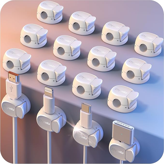 16Pack Cord Organizer [Dual Spring & Clasp] [Max Stability] Cable Clips, Chfeila Cord Holder, Desk Cable Management, Adhesive Wire Organizer for Home Office Desktop Nightstand Car Table Wall - White