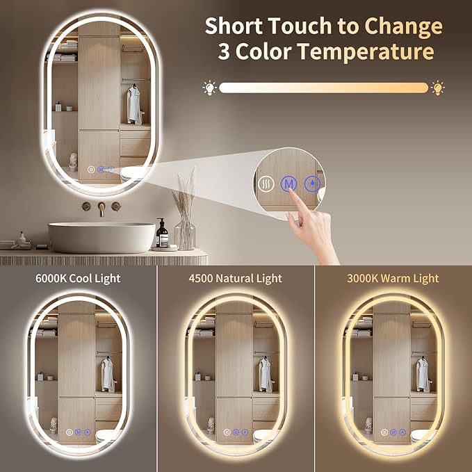 Oval LED Bathroom Mirror, 24"x 40" Frameless LED Mirror with Front Light and Backlit, Anti-Fog, Dimmable Modern Wall Mounted Lighted Mirror，Pill-Shaped Smart Mirror Bathroom