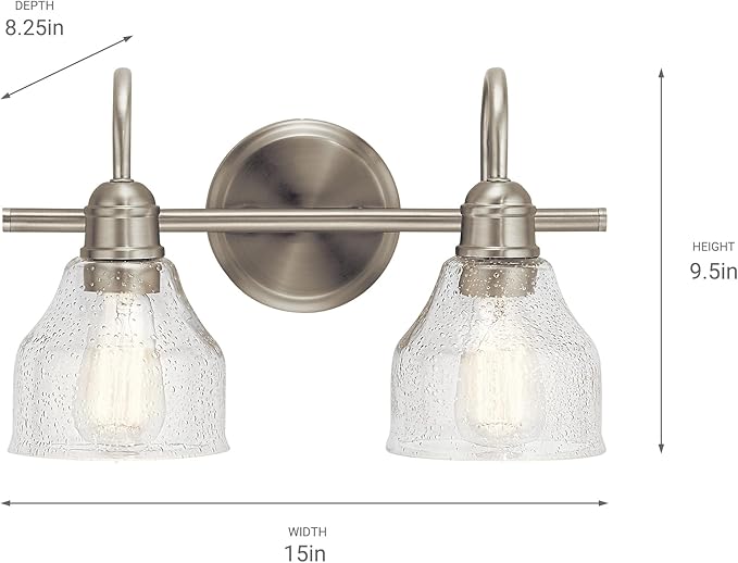 Kichler Avery 14.75" Vanity Bath Light In Brushed Nickel, Vintage 2-Light Bathroom Wall Mount Fixture with Clear Seeded Glass, (14.75" W x 9.25" H), 45972NI