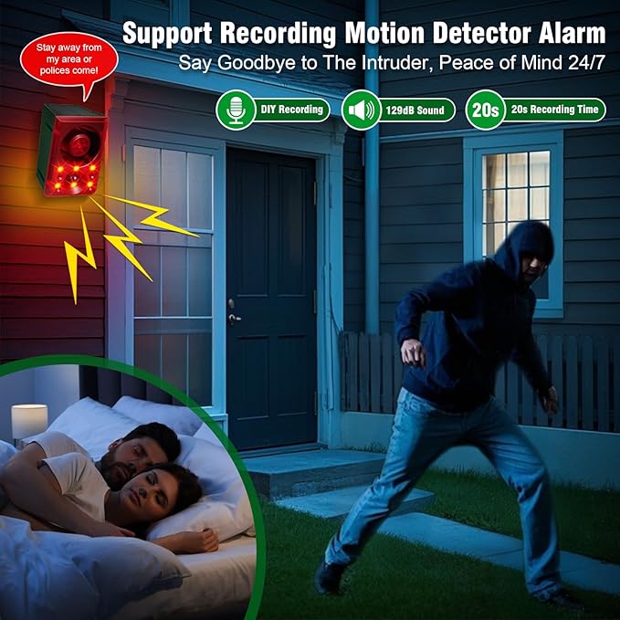ChunHee Solar Outdoor Motion Sensor Alarm with Dog Barking Gunshot Sound, Support Recording and Adjustable Volume, 130db Loud Noise Maker 3 Work Modes Strobe Light for Home, Villa, Farm, Barn (4pack)