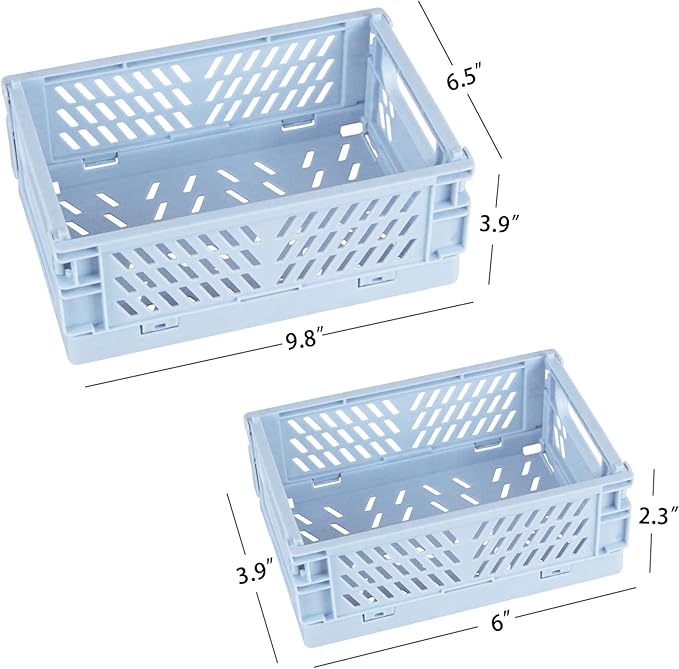 Tixill 2-Pack Mini Foldable Plastic Baskets for Organizing and Storage, Collapsible Storage Crate for Home Kitchen Bedroom Bathroom Office (9.8x6.5x3.8, Blue)