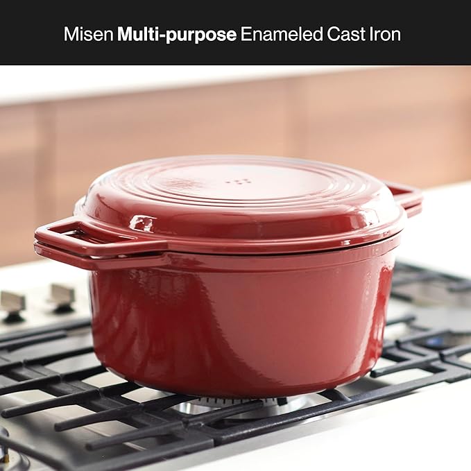 Misen 7 QT Enameled Cast Iron Dutch Oven - Chip-Resistant Enamel Coating - Thick Iron Core For Heat Retention - Large Cooking Surface - Oven Safe, Induction Compatible - Grill and Silicone Lid, Red