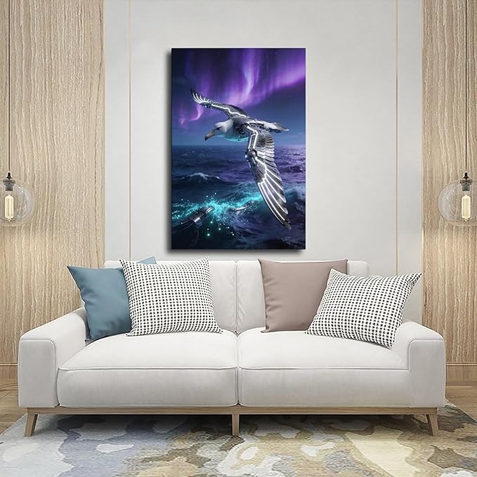 Framed Steampunk Mechanical Seagull Wall Art - Aurora Ocean Retro Poster for Bedroom Game Room Decor 20x30inch(50x75cm)