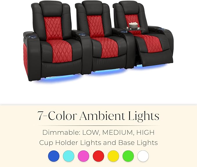 Seatcraft Diamante Zero-Gravity CoolZero Italian Leather Home Theater Seating, Power Headrest, Power Recline, Row of 5 Left Loveseat, Black/Red