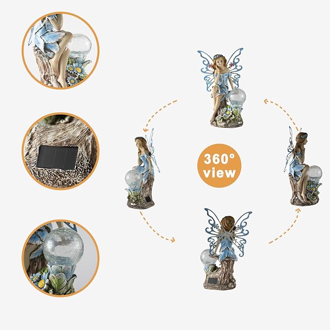 Garden Fairy Decor,Solar Outdoor Statues, Fairy Garden Accessories, Fairy Figurine for Outside Gifts,Resin Ornaments for Patio Yard Lawn,Size6.89 x 5.24x 12.68 inches