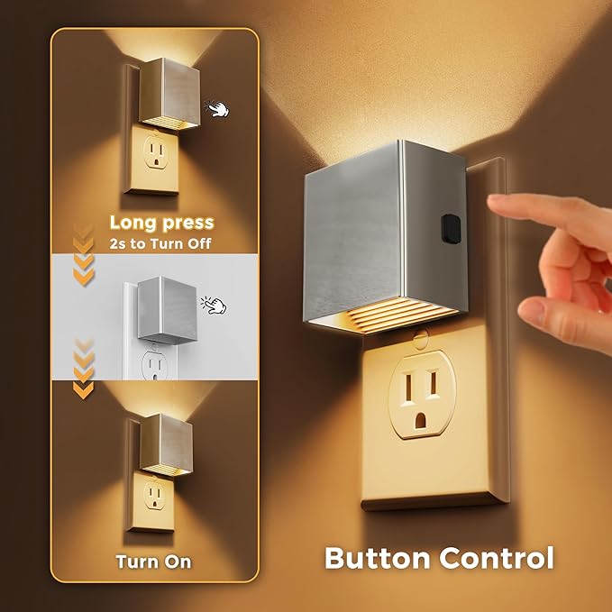 L LOHAS LED Night Light,Night Lights Plug into Wall,[2-Pack] Dimmable Night Light with Light Sensor,3000K Warm White,Silver Nightlight for Bathroom Hallway Kitchen