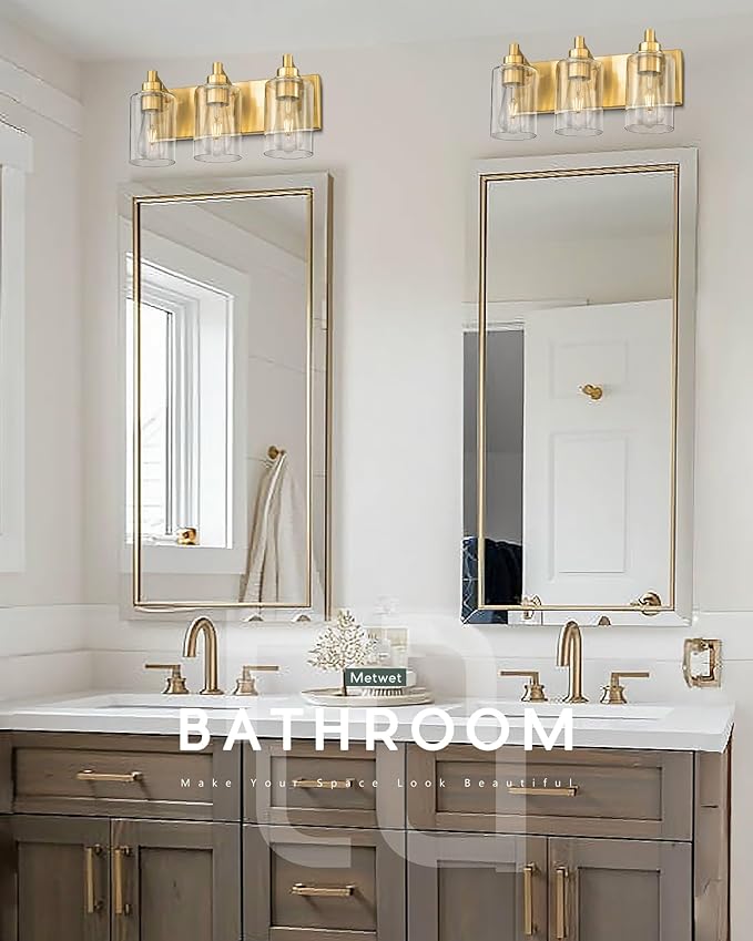 3-Light Bathroom Light Fixtures, Brushed Gold Vanity Light with Cylinder Clear Glass Shade, Modern Vanity Lighting Fixtures Over Mirror, VL143-BG-3