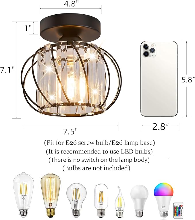 Semi Flush Mount Crystal Ceiling Light Pack of 2, Metal Cage Hallway Ceiling Lamps, Farmhouse Ceiling Light Fixture, Industrial Crystal Chandelier for Corridor Bathroom Kitchen (Black, 7.5 Inch)