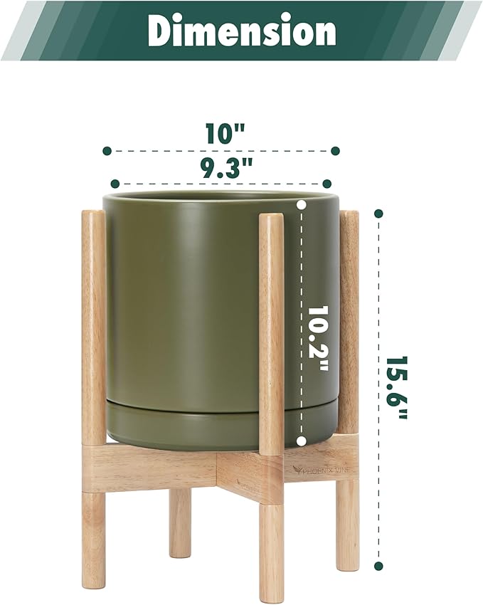 D'vine Dev Ceramic Planter with Natural Stand - 10 Inch Modern Round Flower Pot with Wood Planter Holder, Olive, 55-B-K-J