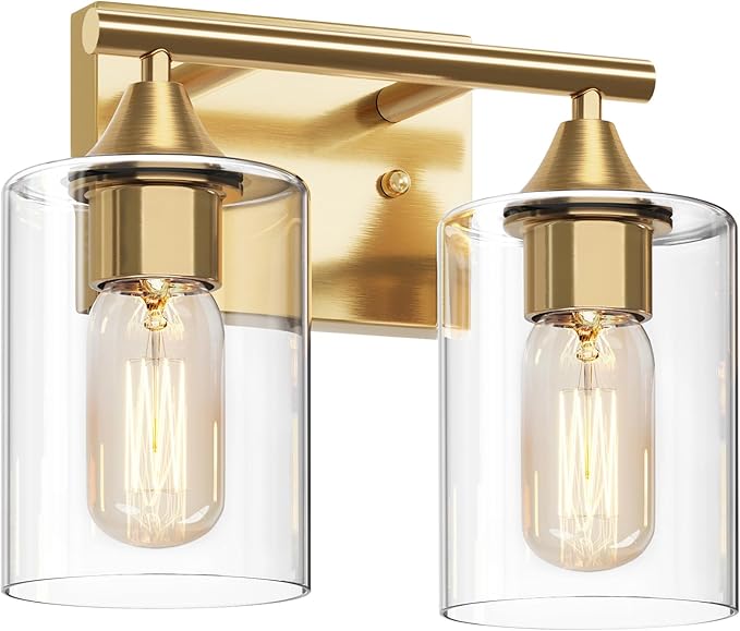Gold Vanity Lights for Bathroom,2-Light Bathroom Light Fixtures,Brushed Brass Gold Wall Sconce Lighting,Modern Wall Lamp for Mirror Bedroom Vanity Table Hallway