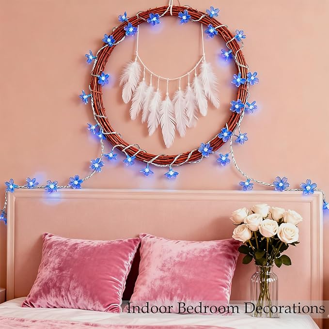 Cute Blue Cherry Blossom Flower Fairy String Lights Indoor Bedroom Decor, 10ft 30 LED Battery & USB Operated Lighted Up Floral lamp for Birthday Wedding Home Valentine Party Decorations (Blue)
