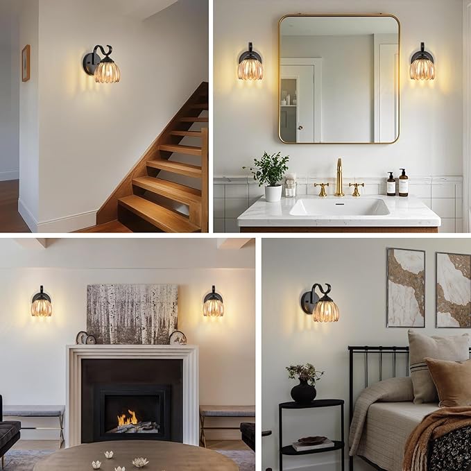 lobolighting Vintage Wall Sconce with Amber Tulip Glass Lampshade Black Sconce Bathroom Vanity Light Fixtures Hardwired Modern Wall Lighting Fixture for Bedroom Bedside Door Header