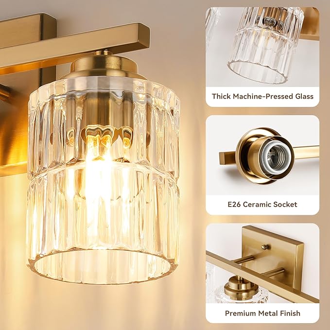 TALOYA 19 Inch Bathroom Light Fixtures,Modern 3-Light Brushed Gold Vanity Lights with Wide Vertical Ribbed Thickened Glass Shade Wall Sconces for Mirror Makeup Room Hallway（Bulbs Not Included）