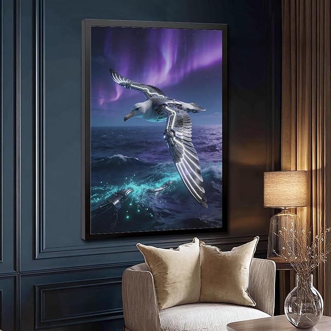 Framed Steampunk Mechanical Seagull Wall Art - Aurora Ocean Retro Poster for Bedroom Game Room Decor 12x18in