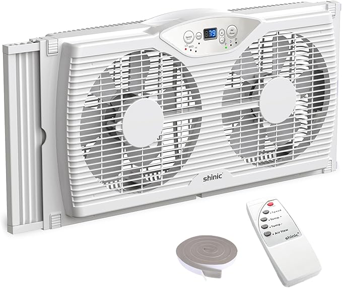 shinic Twin Window Fan with Reversible Airflow, Thermostat Controlled, 3 Speeds & 3 Functions(Exhaust, Intake & Circulate), 23.8" - 37" Expandable Width for Home Kitchen Use