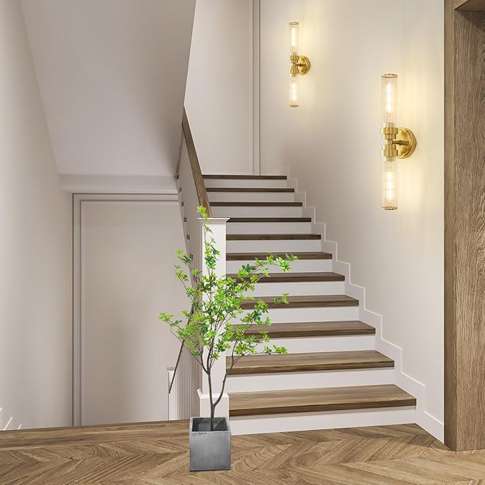 Bathroom Light Fixtures, Gold Wall Sconce in Threaded Glass Indoor Vanity Lights, Modern Bathroom Vanity Light Up and Down Sconces Wall Lighting for Bathroom, Living Room - Bulb Not Included