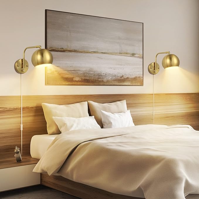 VATONI Plug in Dimmable Wall Sconce Swing Arm Wall Lights with Plug in Cord and Dimmer On/Off Knob Switch, Brushed Brass Globe Wall Light for Bedside Bedroom Bathroom(1 Bulb Included)