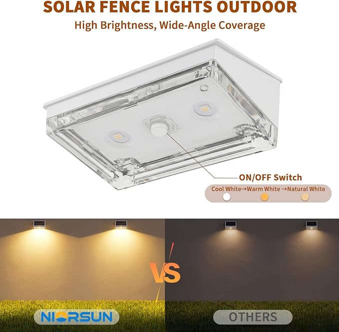 NIORSUN Solar Fence Lights 16 Pack, Outdoor Solar Lights with 3 Color Temperatures, IP65 Waterproof Wide-Angle LED Lighting for Fence, Patio, Yard, Deck, Wall, Garden (White)