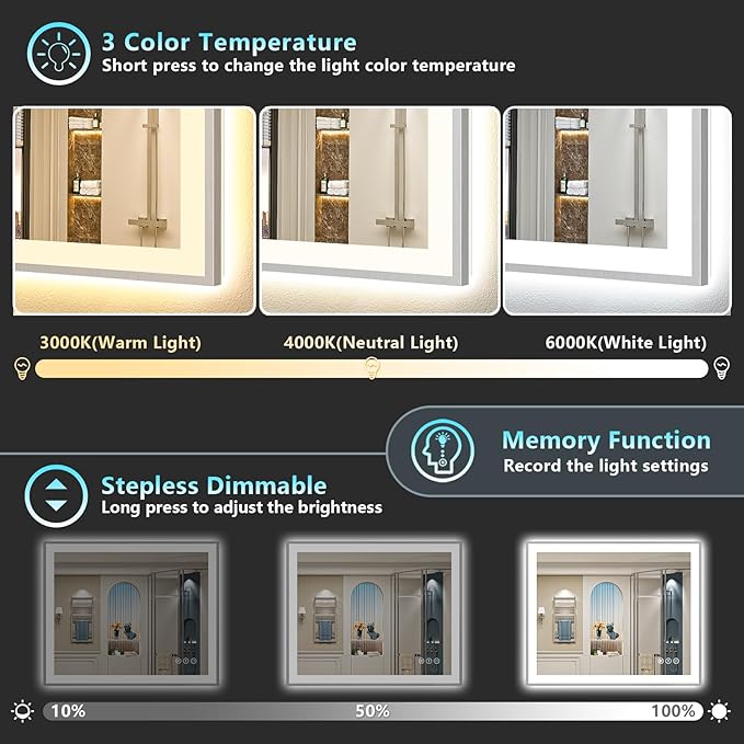 40x30 Brushed Nickel LED Bathroom Mirror with Lights, Sliver Framed Backlit and Front Lit Anti-Fog Lighted Vanity Mirrors for Bathroom Wall, Dimmable, 3 Colors, Memory, Tempered Glass, CRI＞90