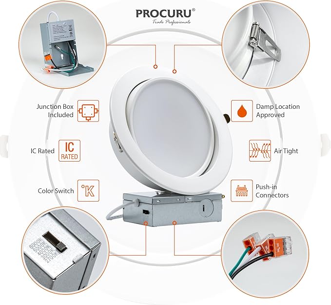 PROCURU [1-Pack] 6-Inch Gimbal Heavy Duty 12W (7" Trim) LED 2700K-6000K 5CCT Adjustable, Rotate & Swivel Ultra-Thin Recessed Ceiling Downlight, Dimmable, AirTight IC Rated (VGB6-5W3-1P)