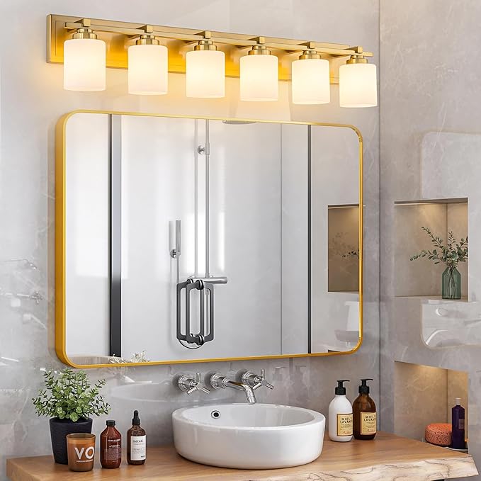 6 Light Modern Bathroom Light Fixtures Over Mirror, Brass Finish Vanity Lights for Bathroom Wall Sconces with Milky White Glass Shades, E26 Socket (Bulbs Not Included)