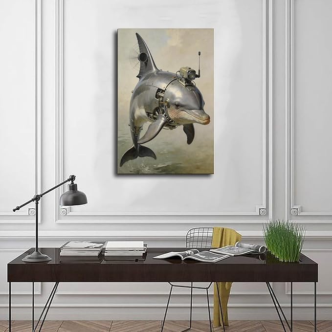 Framed Steampunk Mechanical Dolphin Wall Art - Marine Retro-Futuristic Poster for Beach House Living Room Decor 24x36inch(60x90cm)