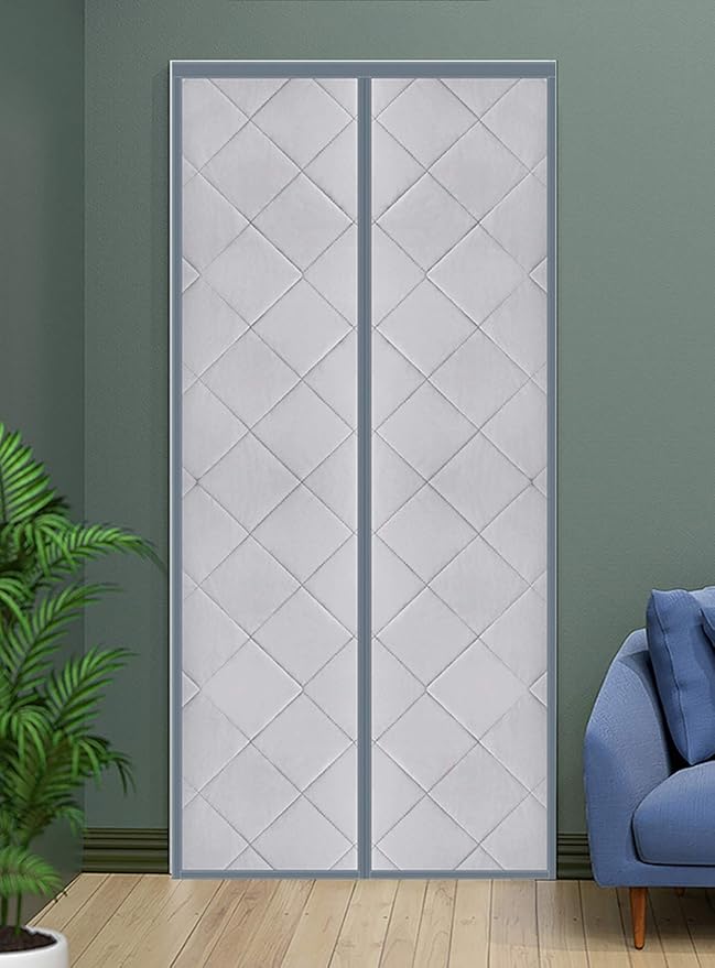 Magnetic Thermal Insulated Blackout Door Curtain Storm Wind Fleece Insulation Curtian Magnetic Screen Door with Thermal and Insulated Waterproof Noise Reduce 47"x82" Inch PU Leather Silver