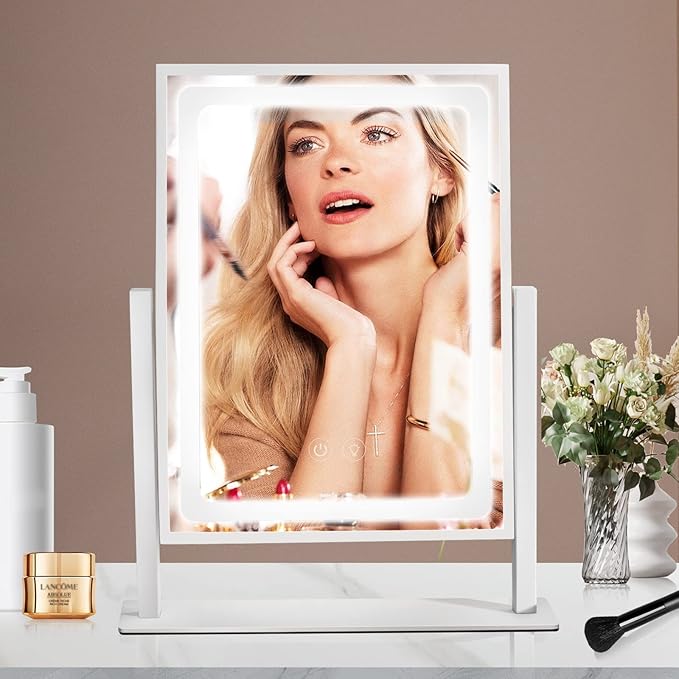 Vanity Mirror with Lights, Hollywood Makeup Mirror, Touch Control, 3 Color Lighting Modes, Dimmable, Detachable 10X Magnification Mirror, 360 Rotation (16in, White)