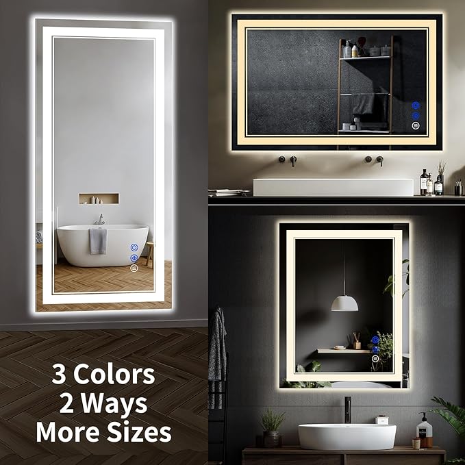 48"x24" LED Bathroom Mirror with Anti-Fog, Stepless Dimmable Lights, 3 Color Modes, Shatter-Proof Tempered Glass,Waterproof Design