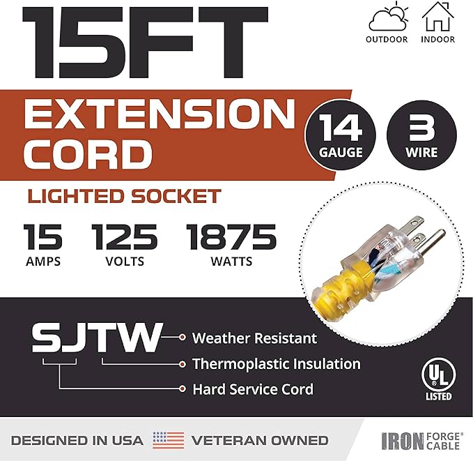 Iron Forge Cable Weatherproof 15 Ft Outdoor Extension Cord - 14/3 SJTW 15 Amp Heavy Duty Yellow Extension Cord 3 Prong - Lighted End