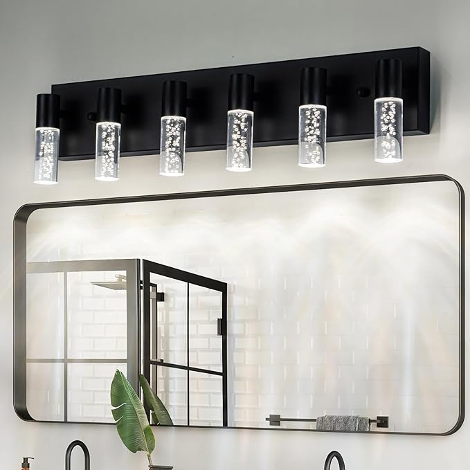 6-Light LED Vanity Light Fixture in Black - Modern Bathroom Lighting, Over Mirror Illumination | Multicolor Temperature 3000K/4000K/6000K | Stylish Bathroom Decor & Energy-Saving 30W Vanity Lighting…